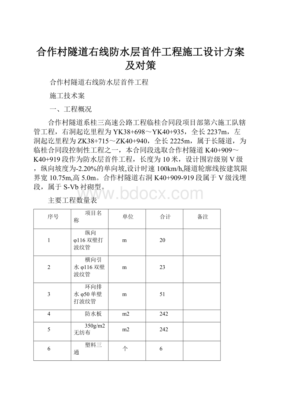 合作村隧道右线防水层首件工程施工设计方案及对策.docx