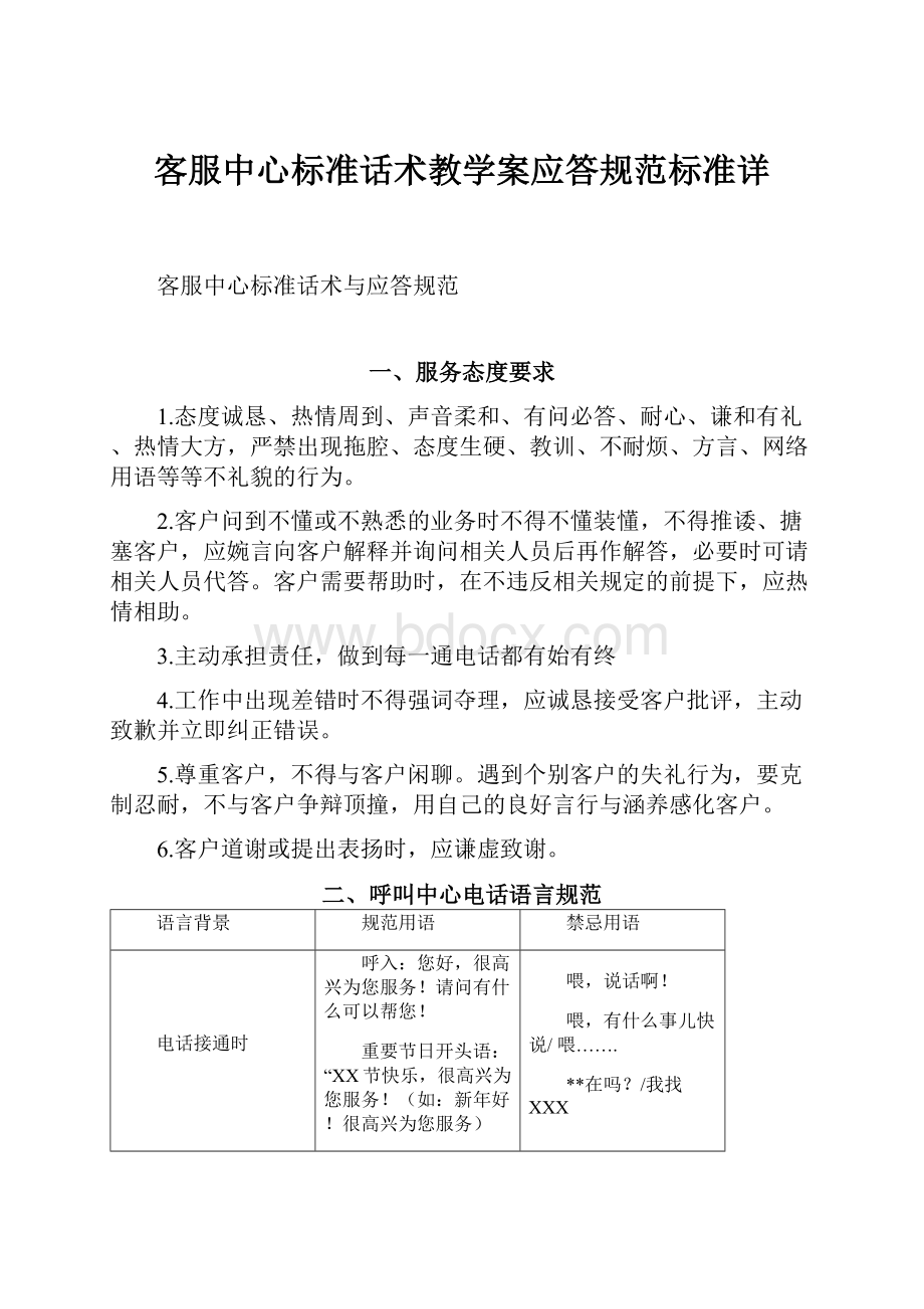 客服中心标准话术教学案应答规范标准详.docx