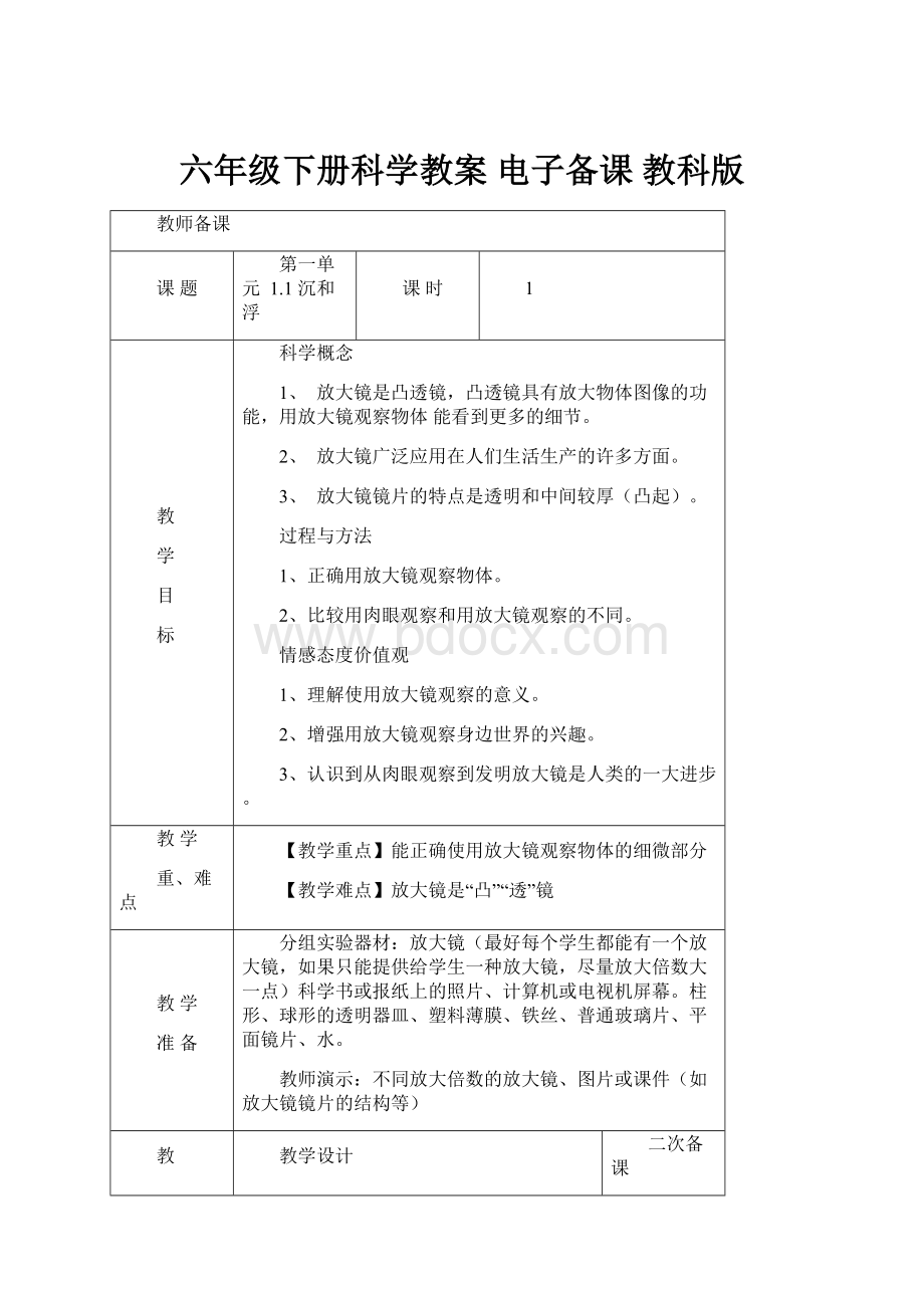 六年级下册科学教案电子备课教科版.docx_第1页