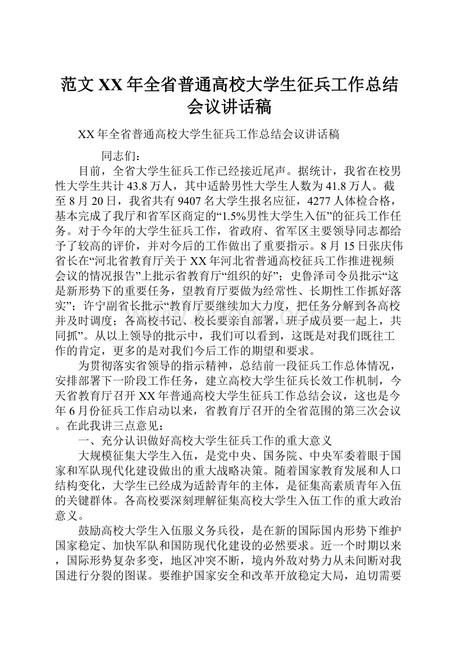 范文XX年全省普通高校大学生征兵工作总结会议讲话稿.docx_第1页