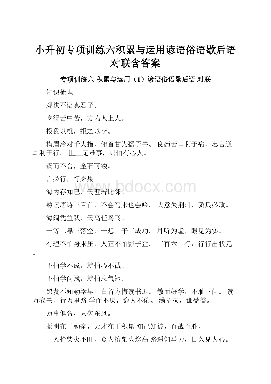 小升初专项训练六积累与运用谚语俗语歇后语对联含答案.docx_第1页