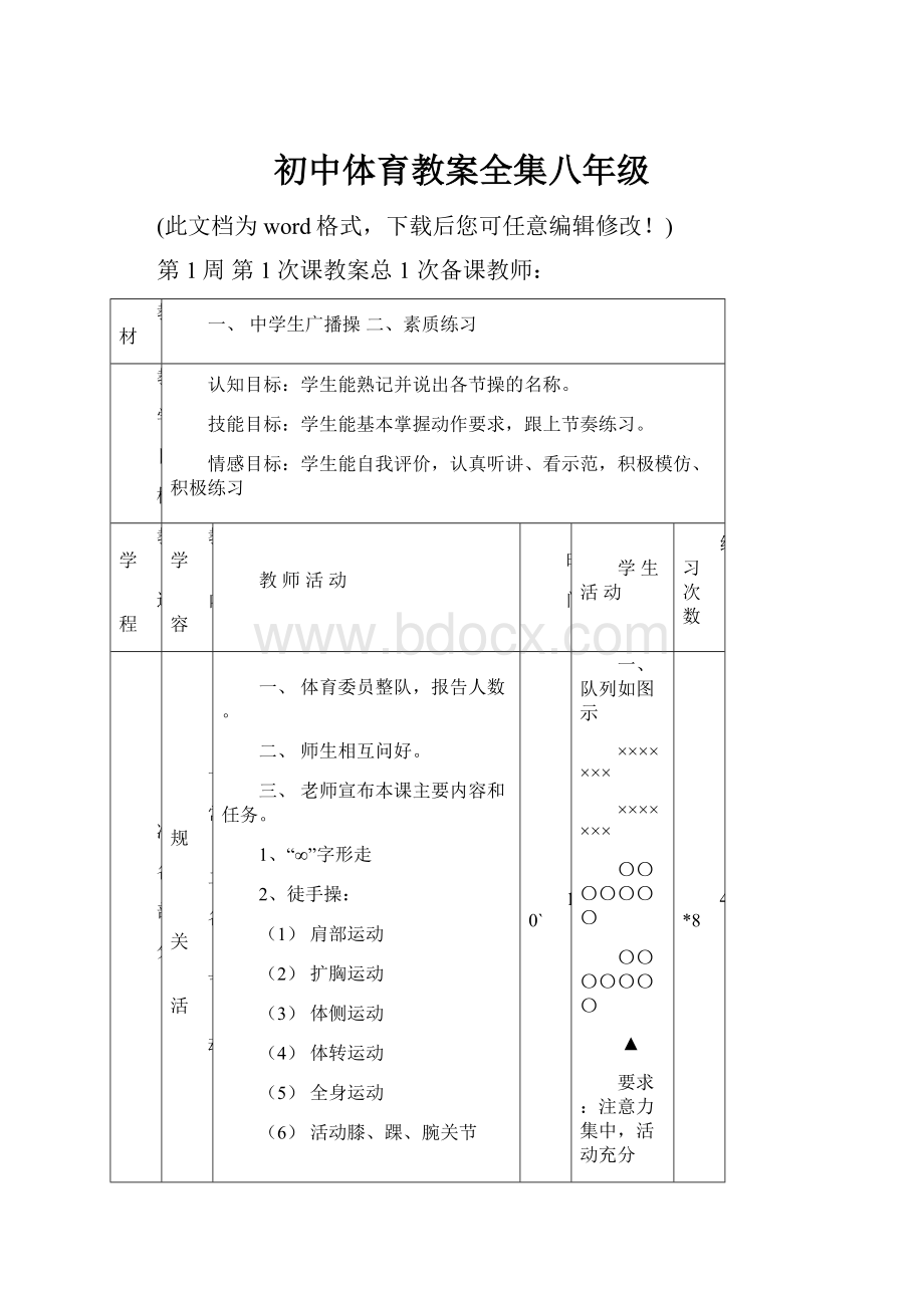 初中体育教案全集八年级.docx_第1页