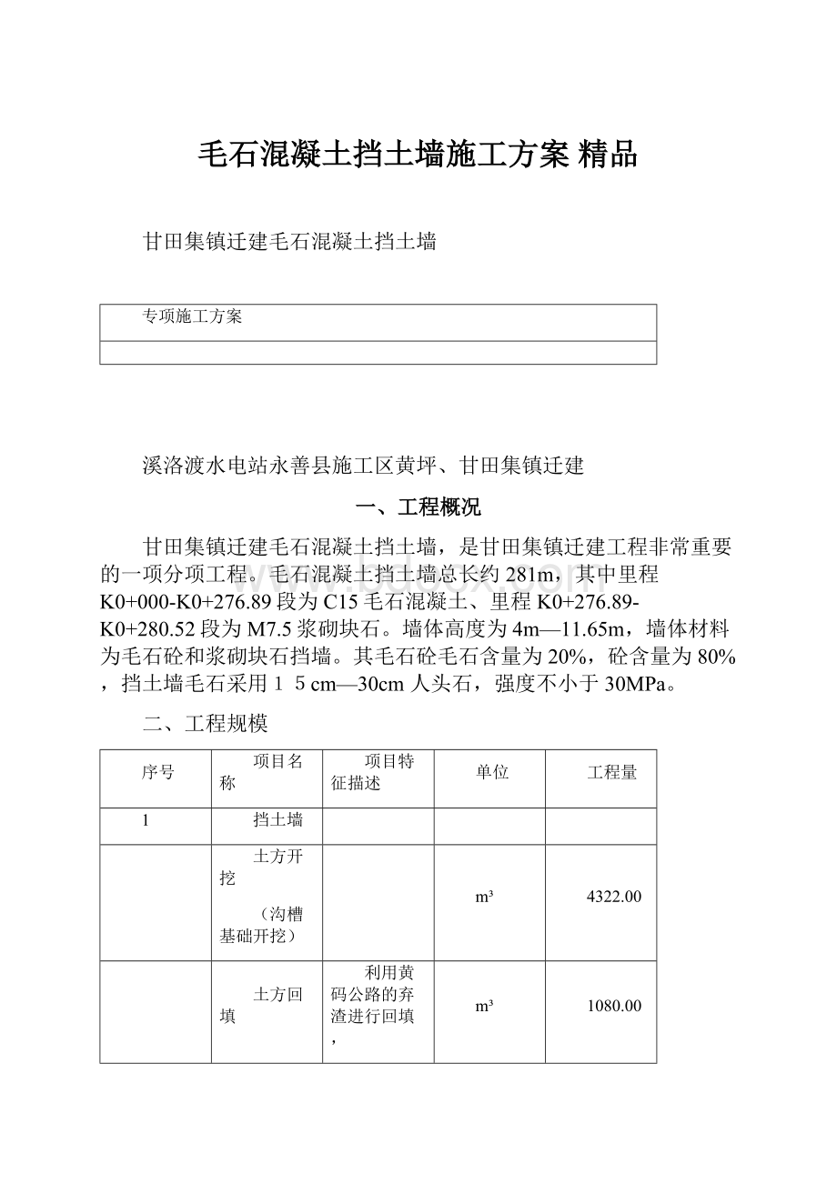 毛石混凝土挡土墙施工方案 精品.docx