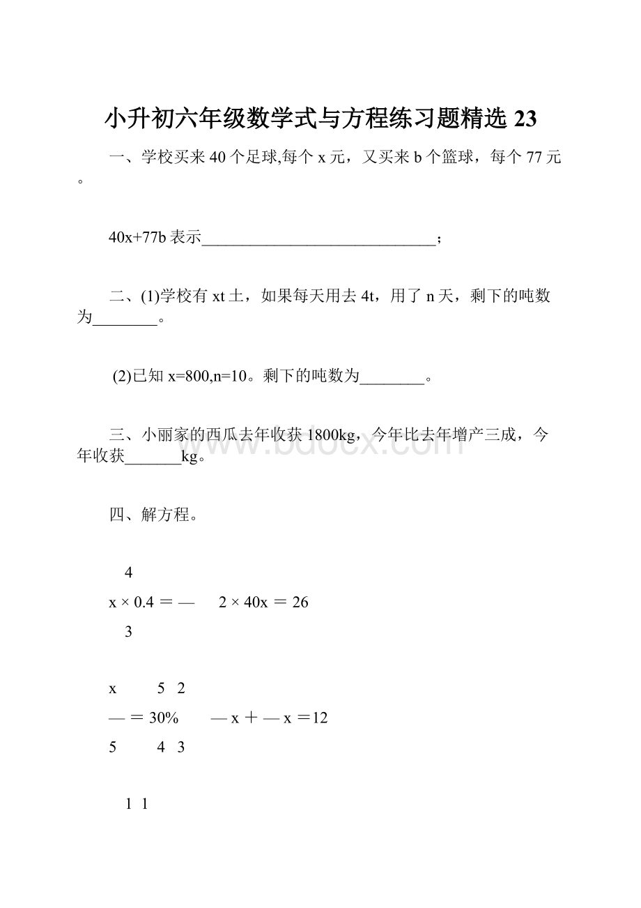 小升初六年级数学式与方程练习题精选23.docx