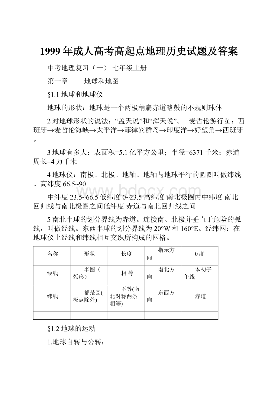 1999年成人高考高起点地理历史试题及答案.docx