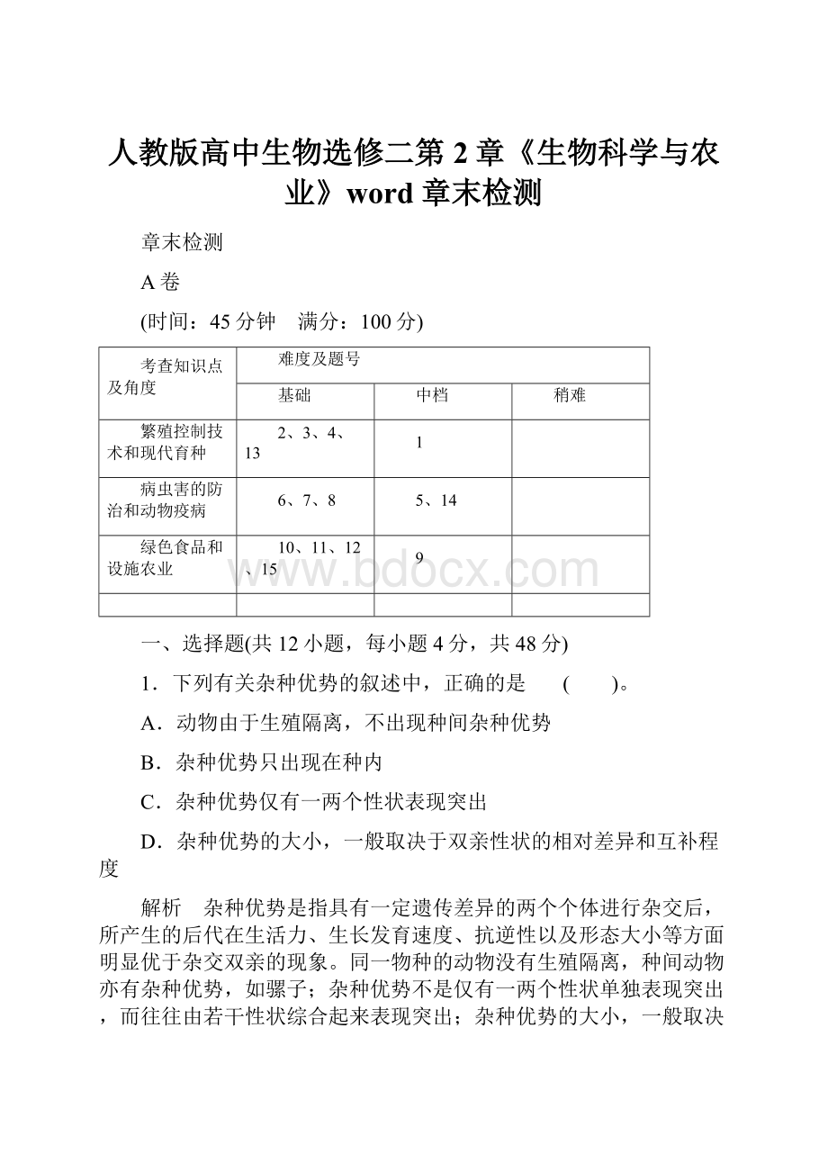 人教版高中生物选修二第2章《生物科学与农业》word章末检测.docx