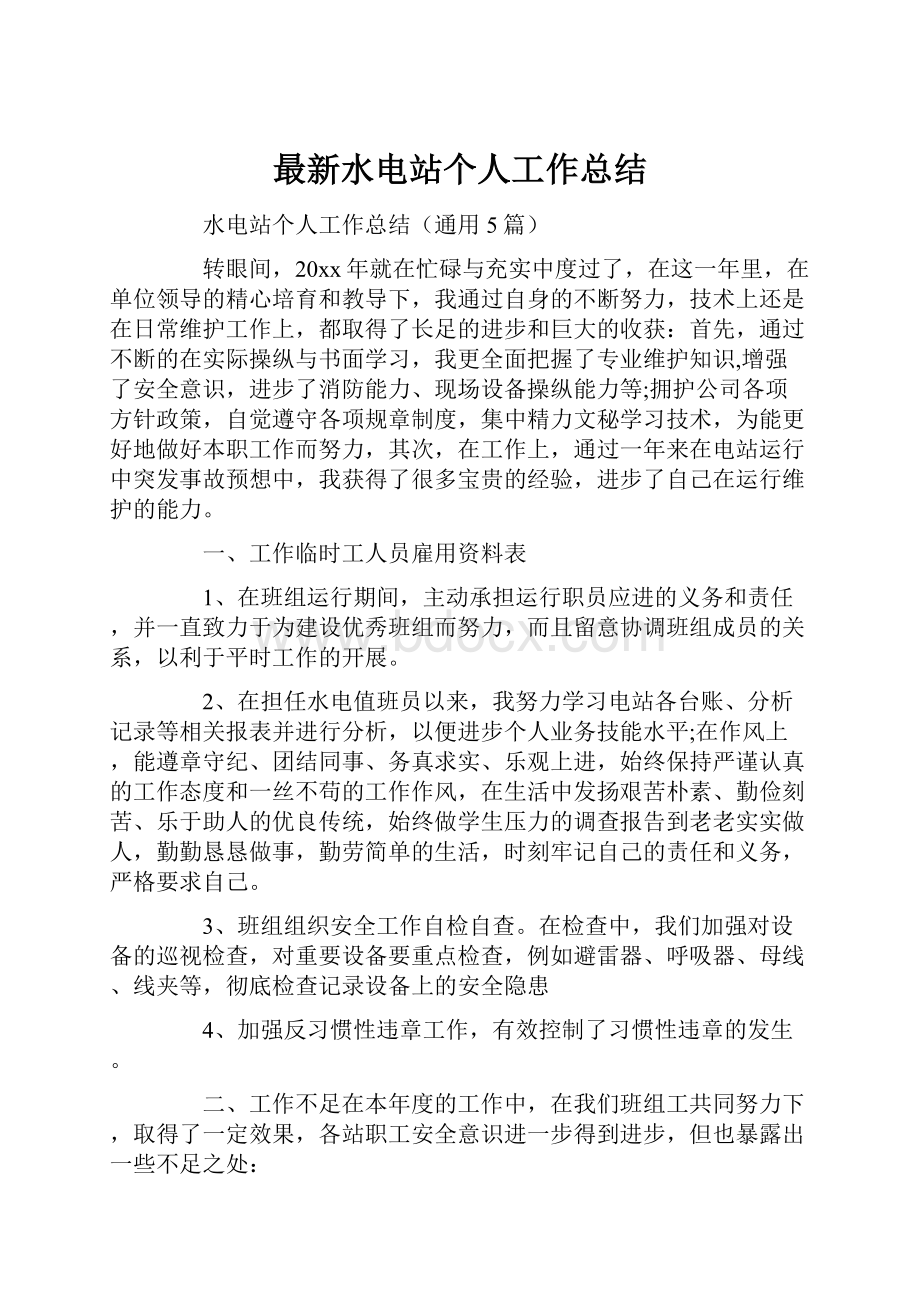 最新水电站个人工作总结.docx