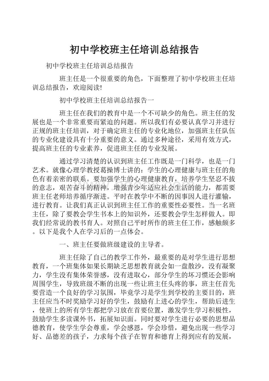 初中学校班主任培训总结报告.docx