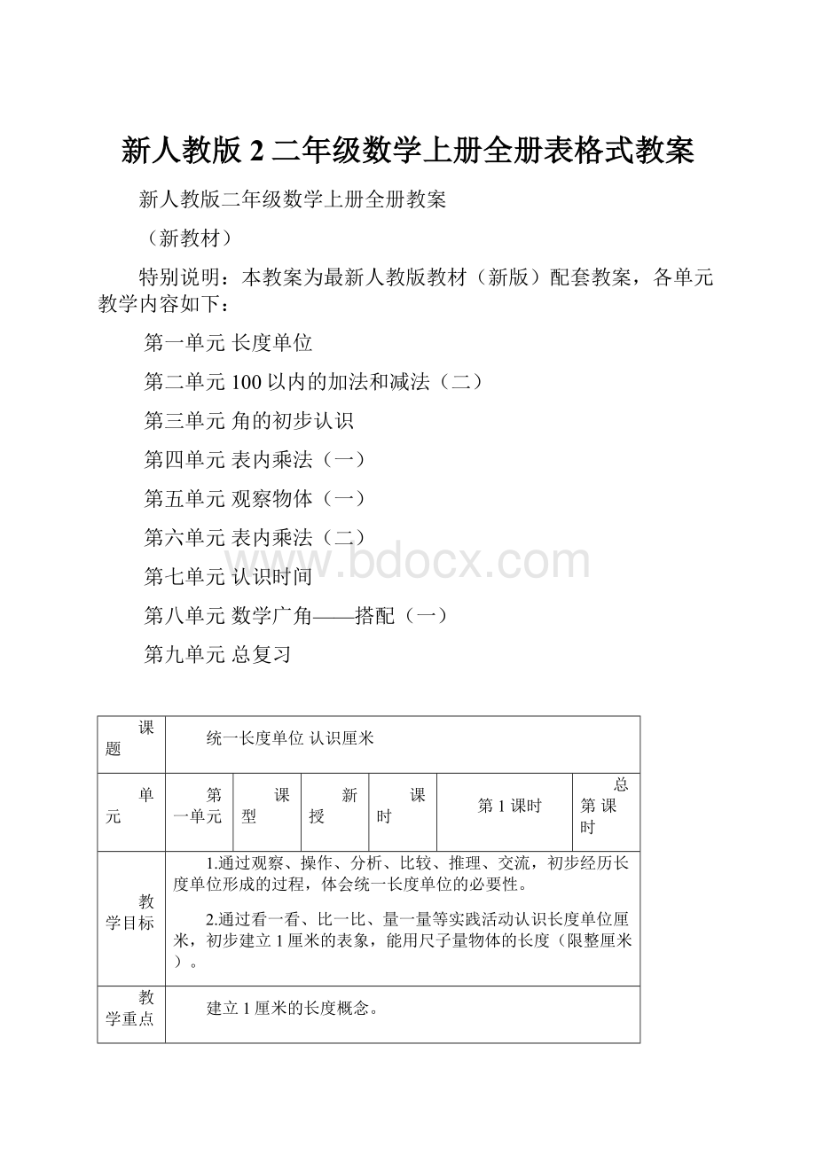 新人教版2二年级数学上册全册表格式教案.docx