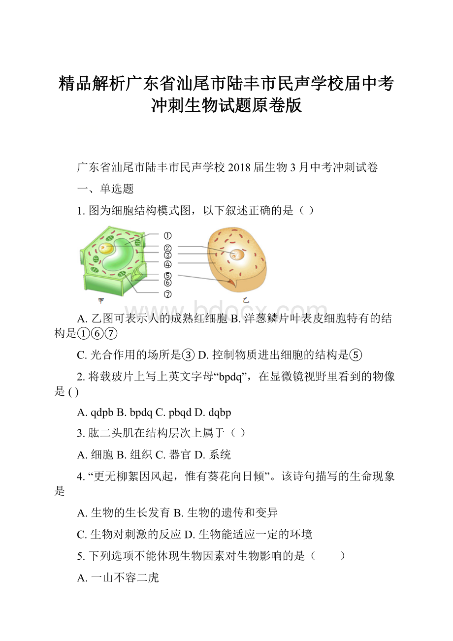 精品解析广东省汕尾市陆丰市民声学校届中考冲刺生物试题原卷版.docx