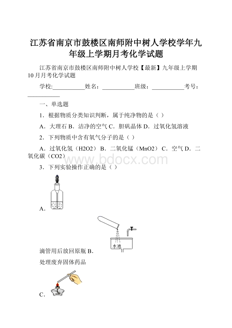 江苏省南京市鼓楼区南师附中树人学校学年九年级上学期月考化学试题.docx