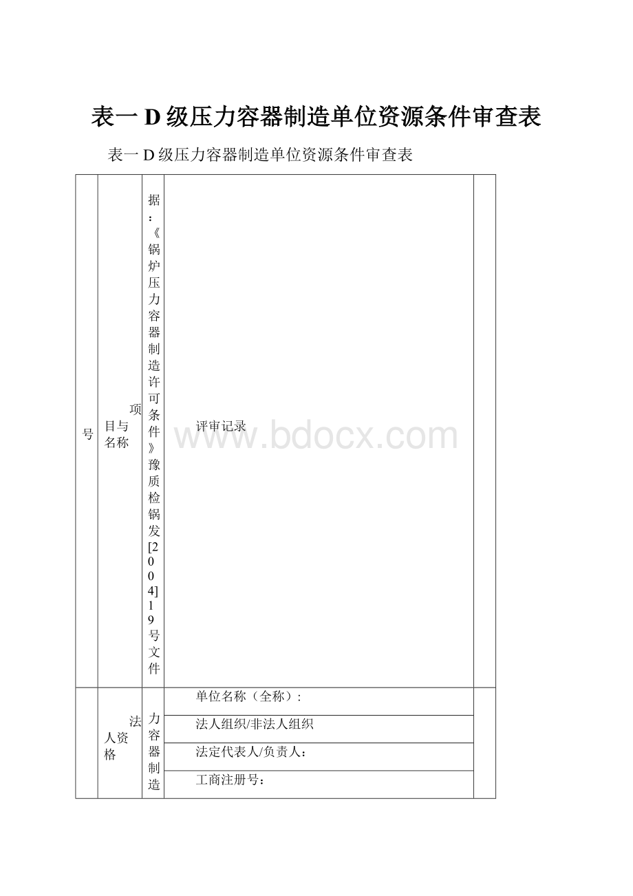 表一D级压力容器制造单位资源条件审查表.docx