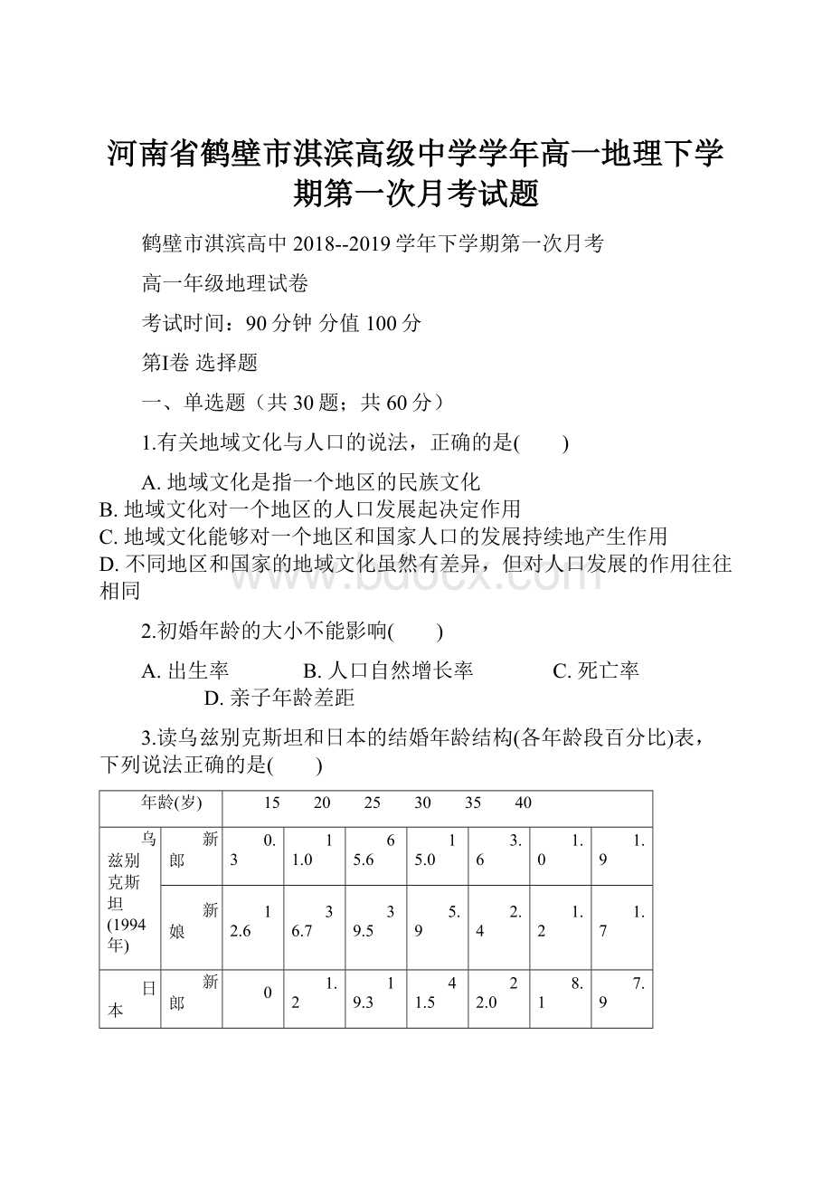 河南省鹤壁市淇滨高级中学学年高一地理下学期第一次月考试题.docx_第1页