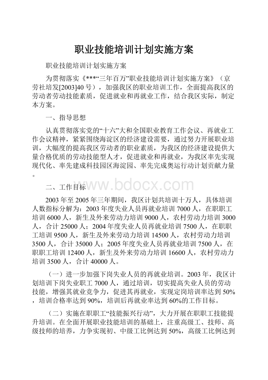 职业技能培训计划实施方案.docx