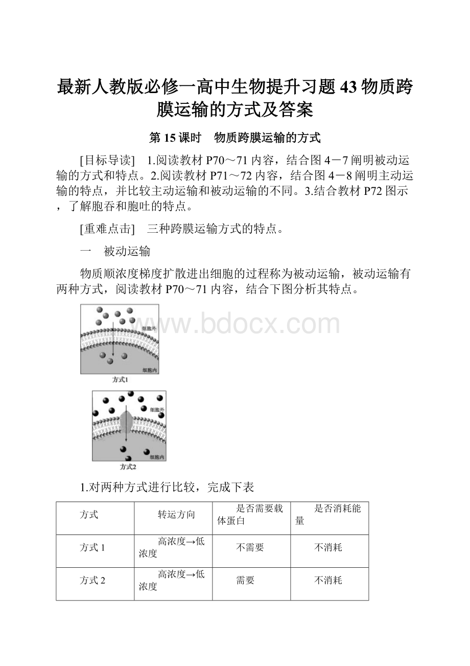 最新人教版必修一高中生物提升习题43物质跨膜运输的方式及答案.docx_第1页