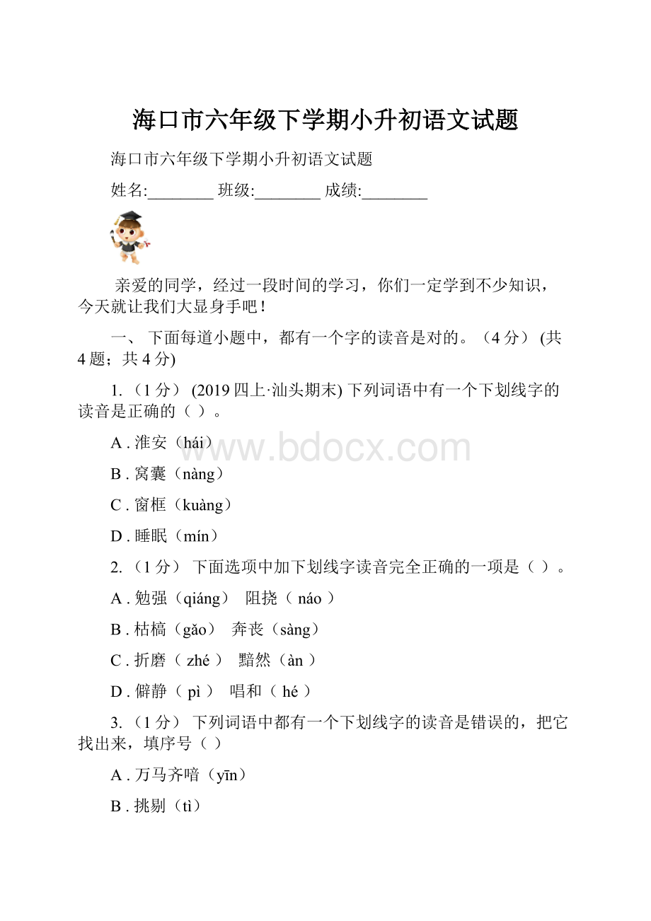 海口市六年级下学期小升初语文试题.docx