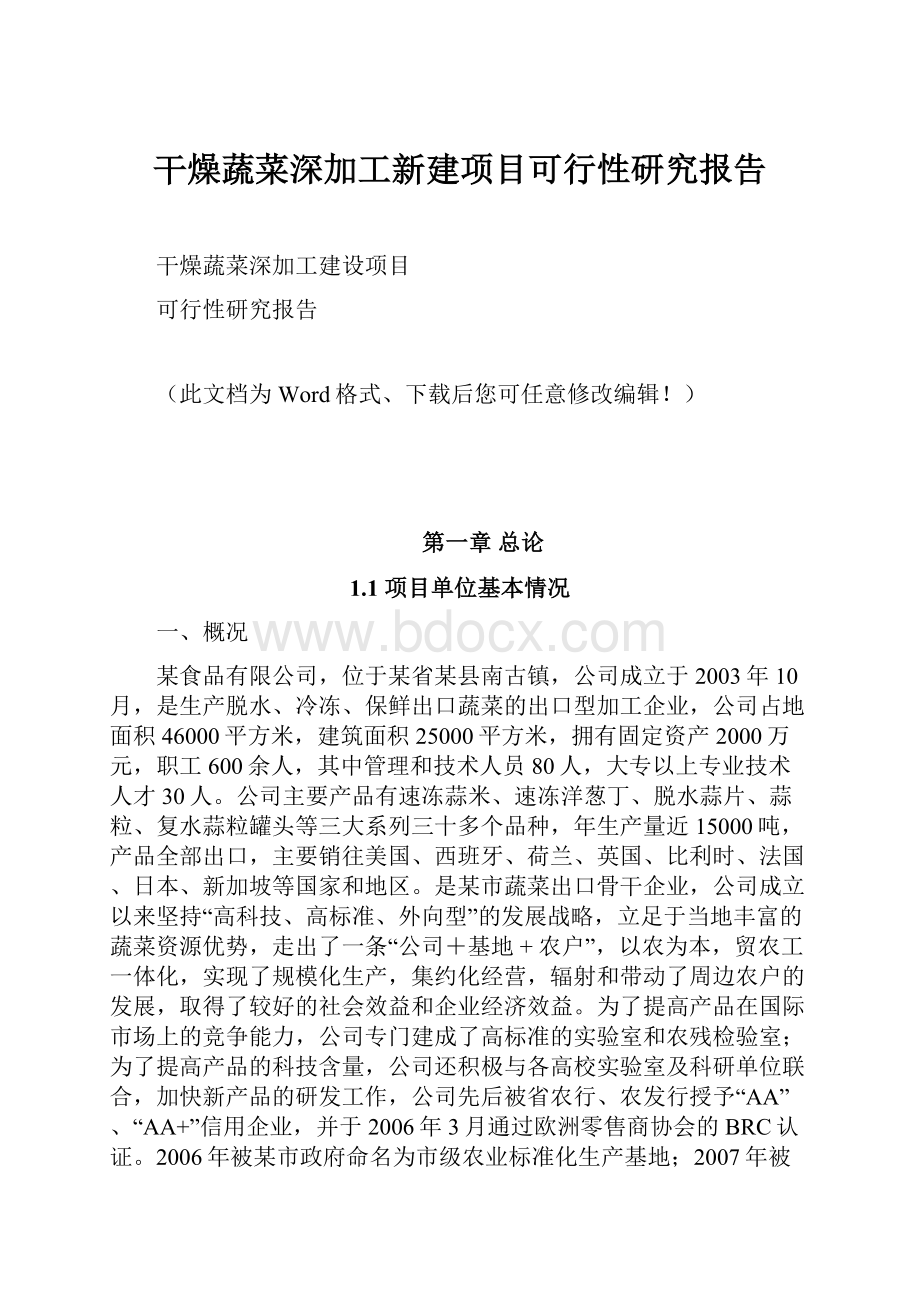 干燥蔬菜深加工新建项目可行性研究报告.docx_第1页