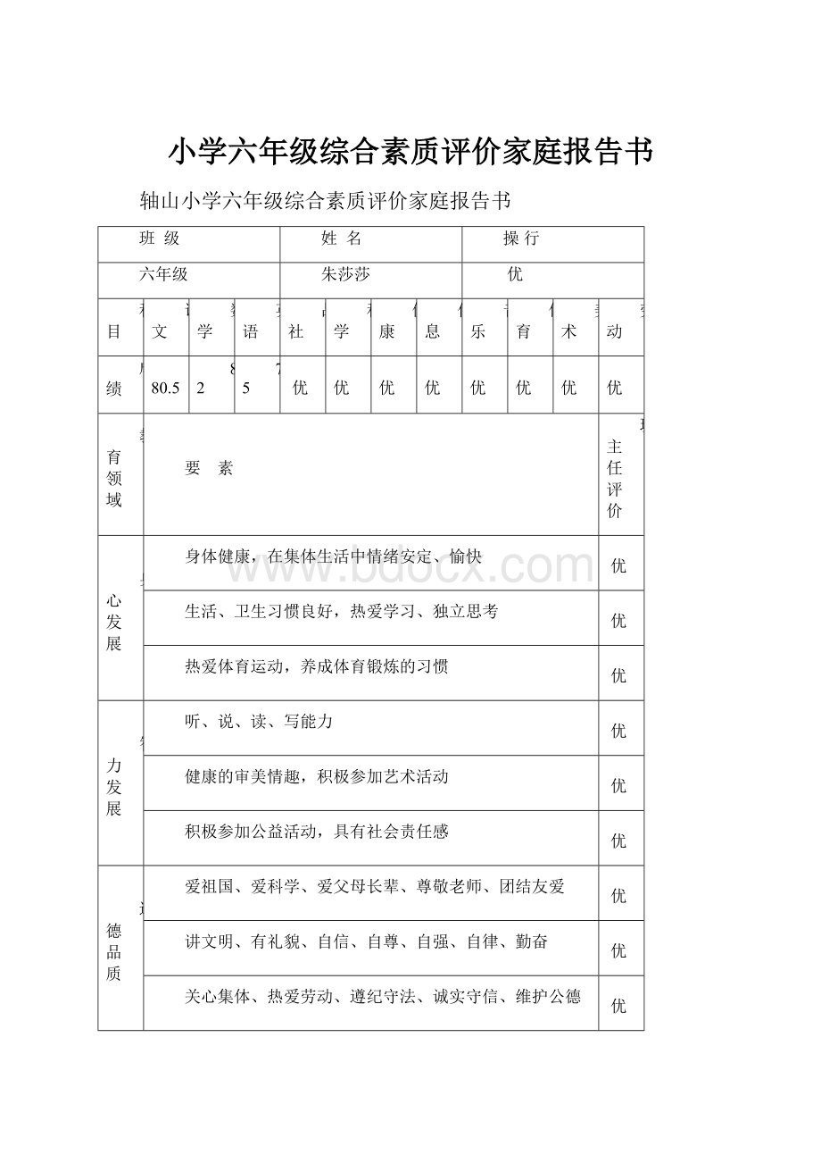 小学六年级综合素质评价家庭报告书.docx