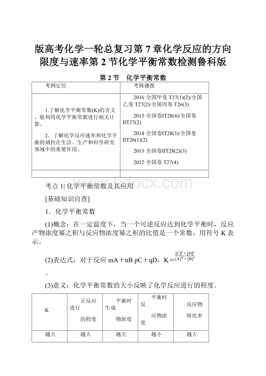 版高考化学一轮总复习第7章化学反应的方向限度与速率第2节化学平衡常数检测鲁科版.docx