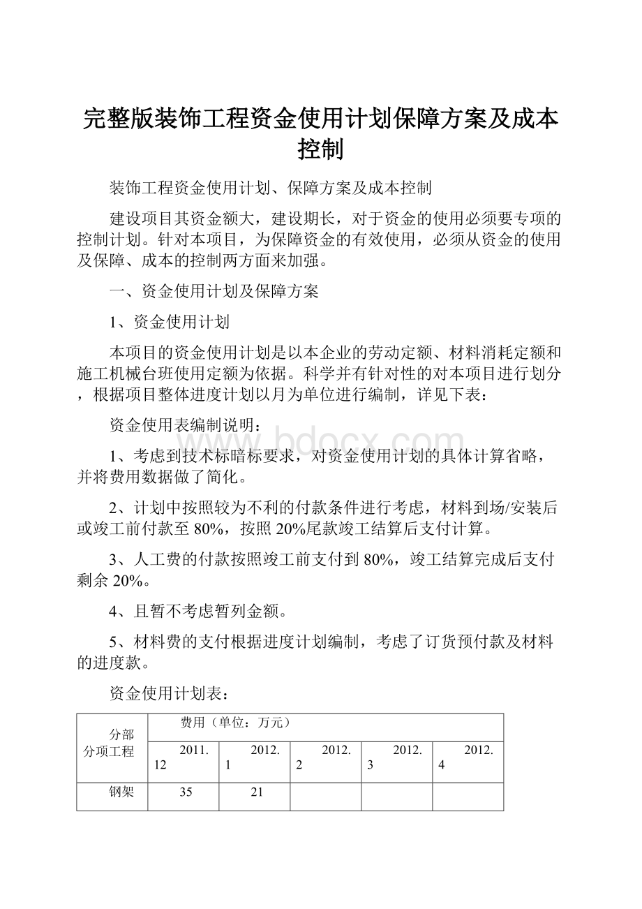 完整版装饰工程资金使用计划保障方案及成本控制.docx