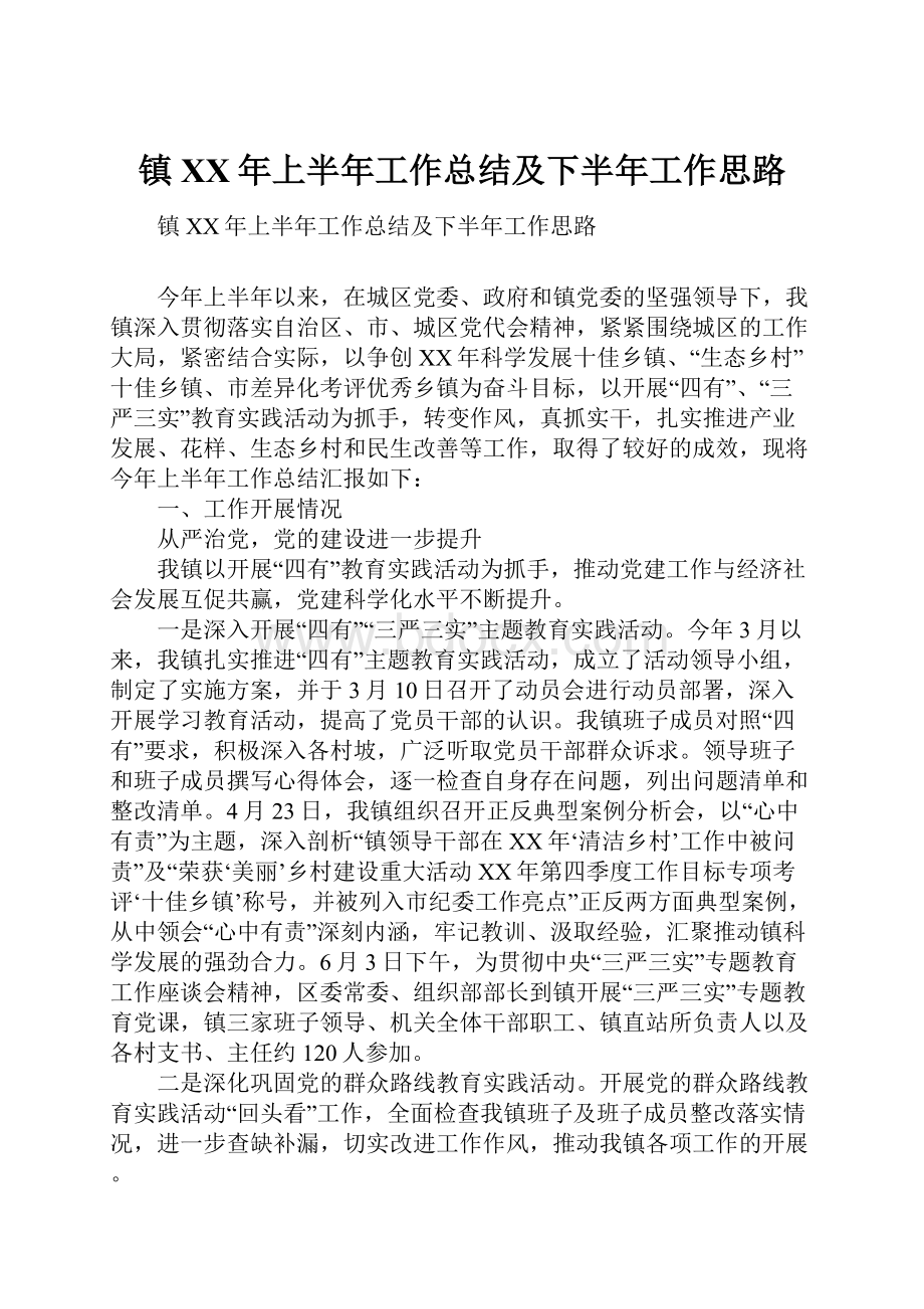 镇XX年上半年工作总结及下半年工作思路.docx