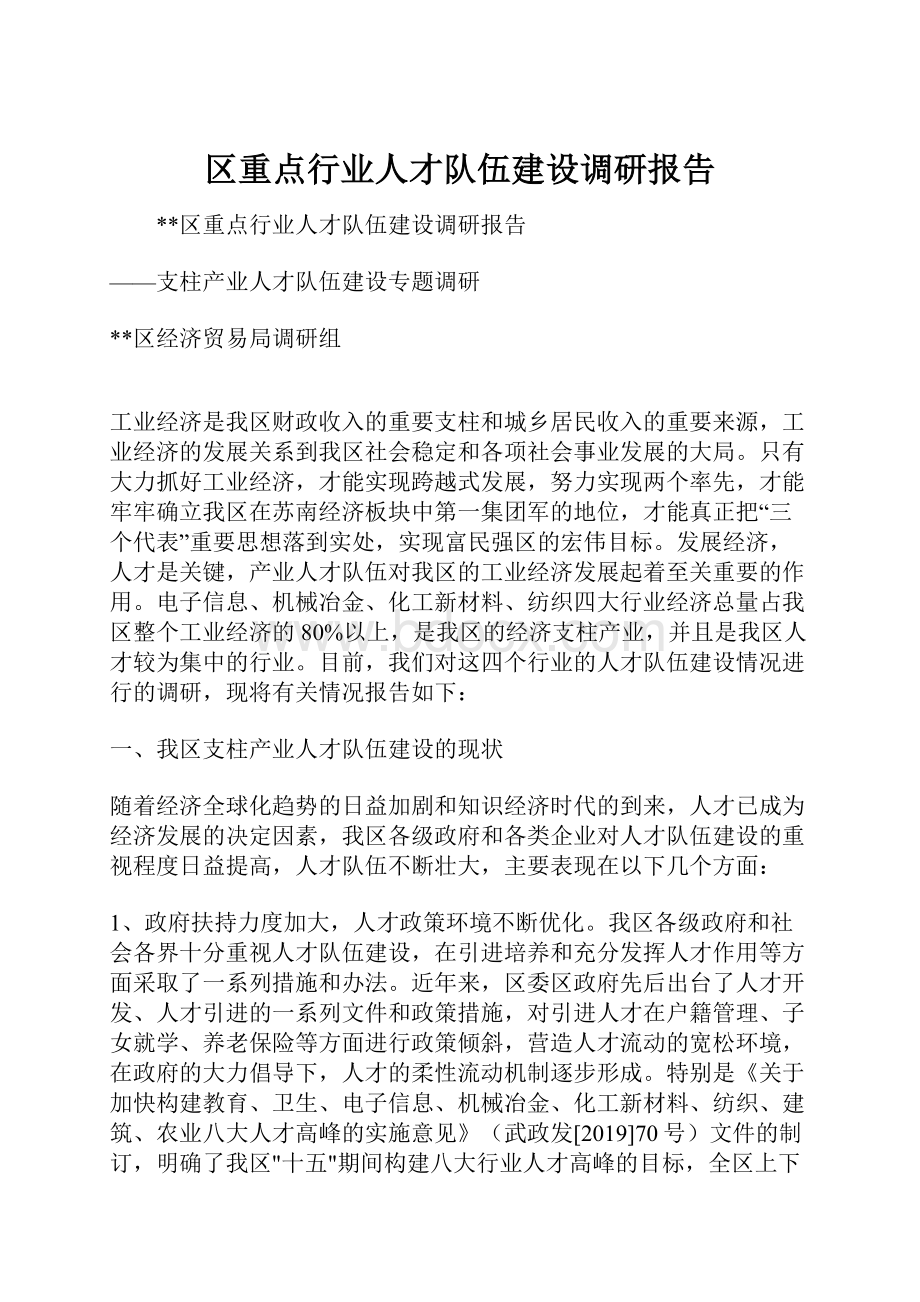 区重点行业人才队伍建设调研报告.docx_第1页