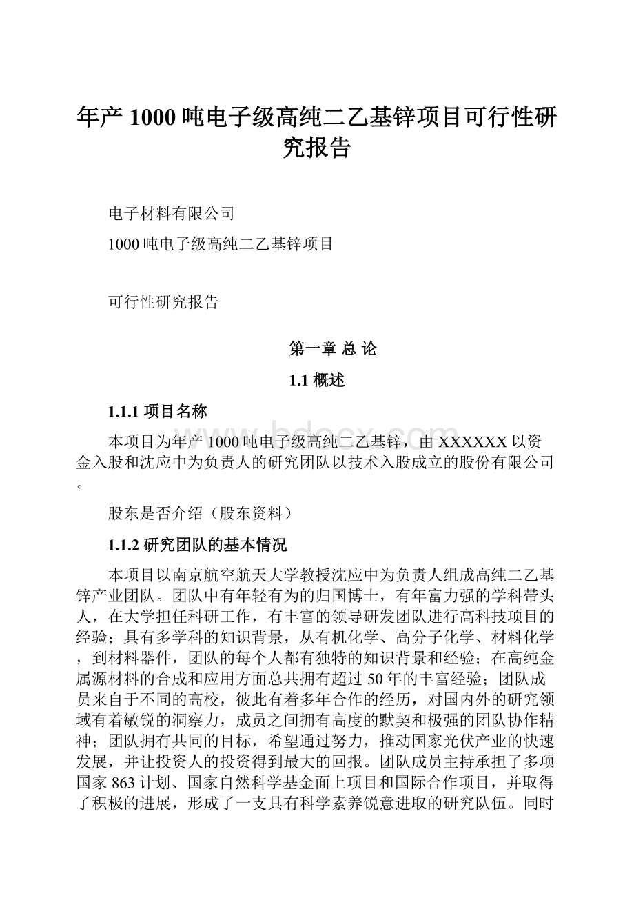 年产1000吨电子级高纯二乙基锌项目可行性研究报告.docx_第1页