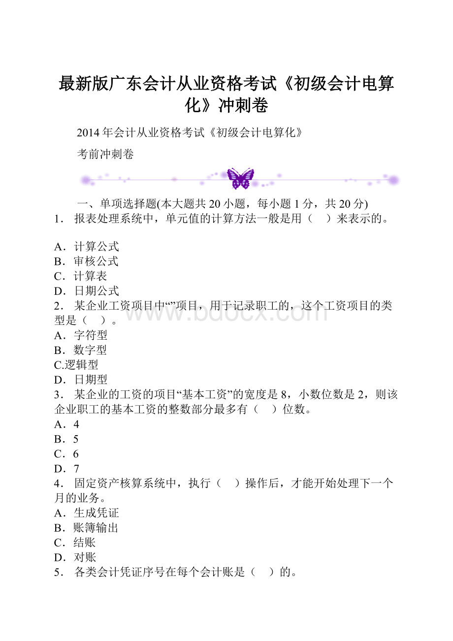 最新版广东会计从业资格考试《初级会计电算化》冲刺卷.docx