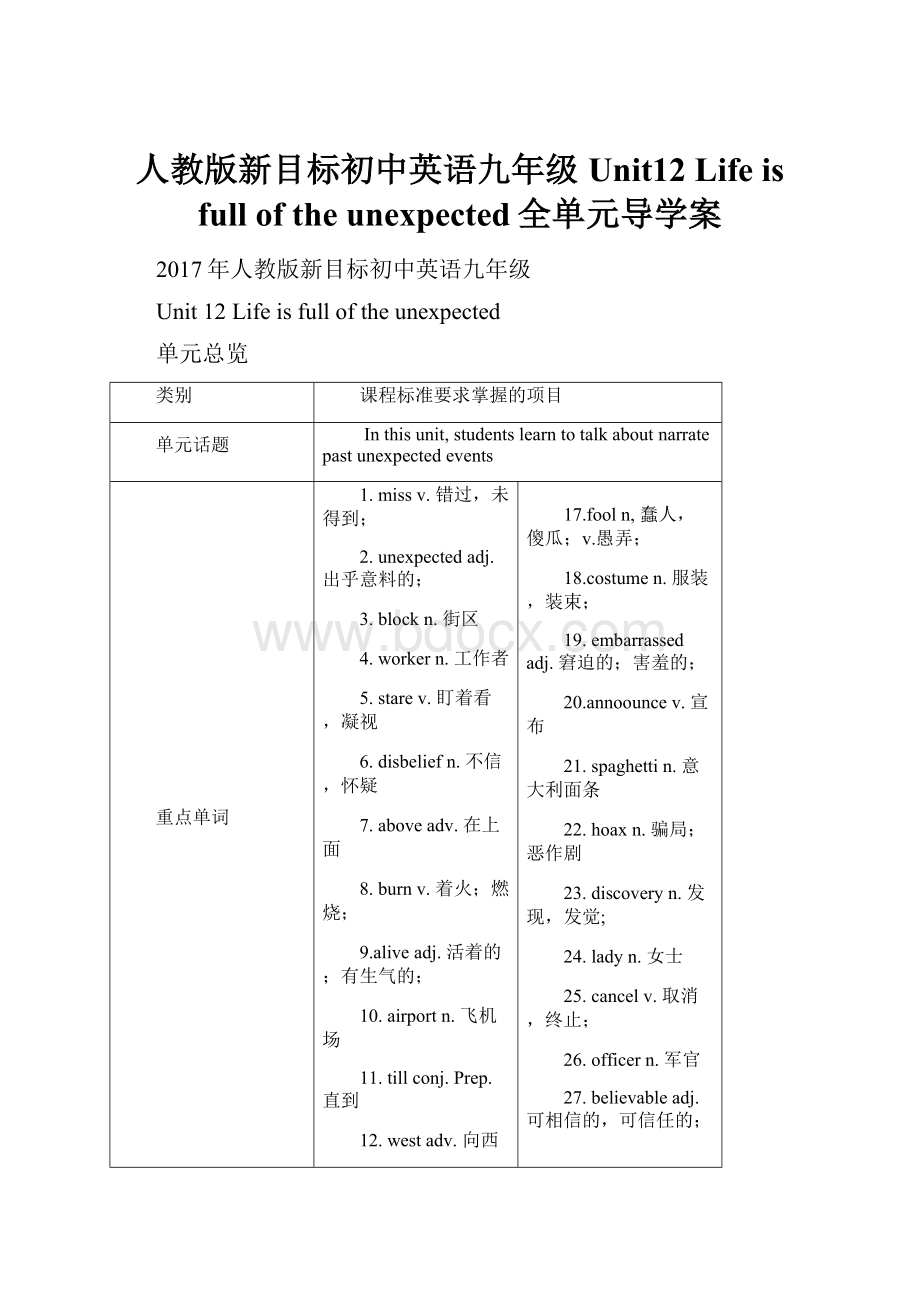 人教版新目标初中英语九年级Unit12 Life is full of the unexpected全单元导学案.docx_第1页