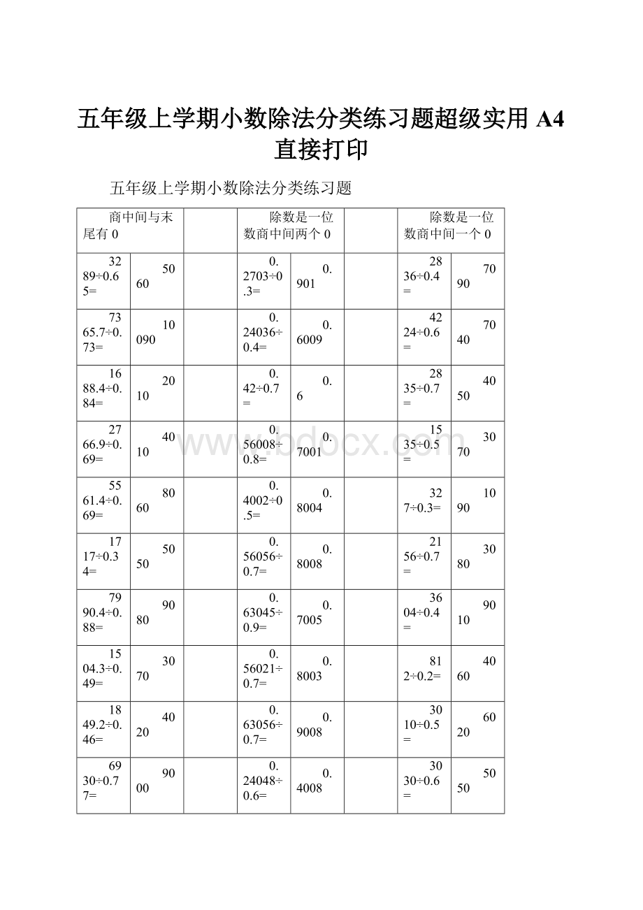 五年级上学期小数除法分类练习题超级实用 A4直接打印.docx_第1页