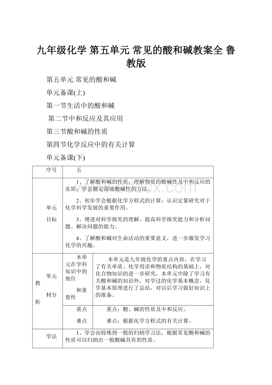 九年级化学 第五单元 常见的酸和碱教案全 鲁教版.docx_第1页