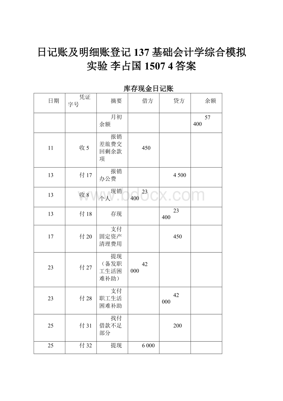 日记账及明细账登记137 基础会计学综合模拟实验 李占国1507 4答案.docx_第1页