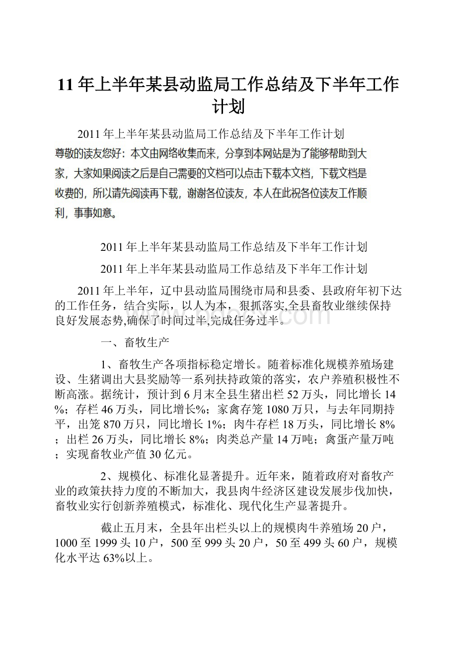 11年上半年某县动监局工作总结及下半年工作计划.docx_第1页