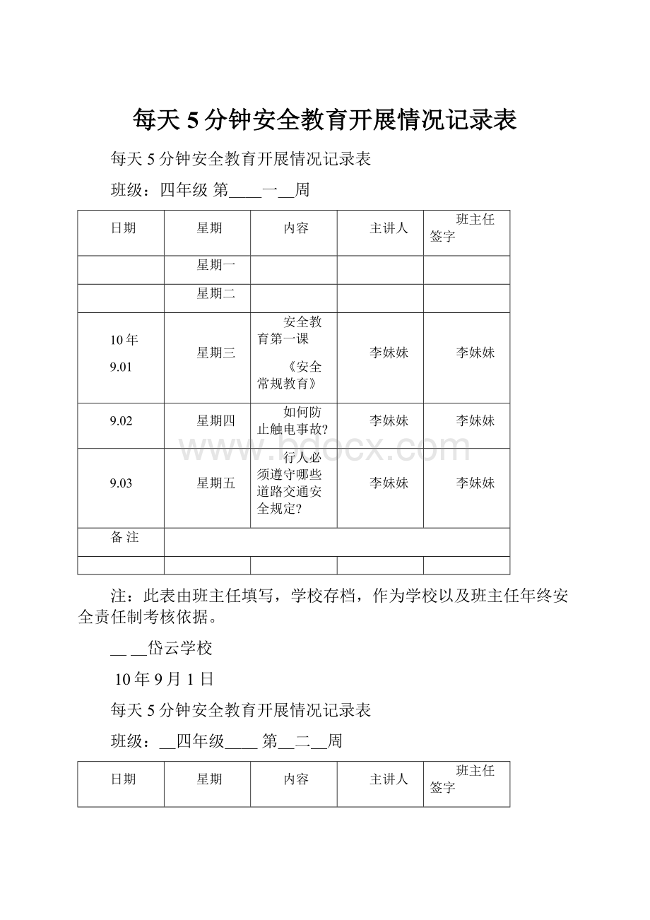 每天5分钟安全教育开展情况记录表.docx_第1页