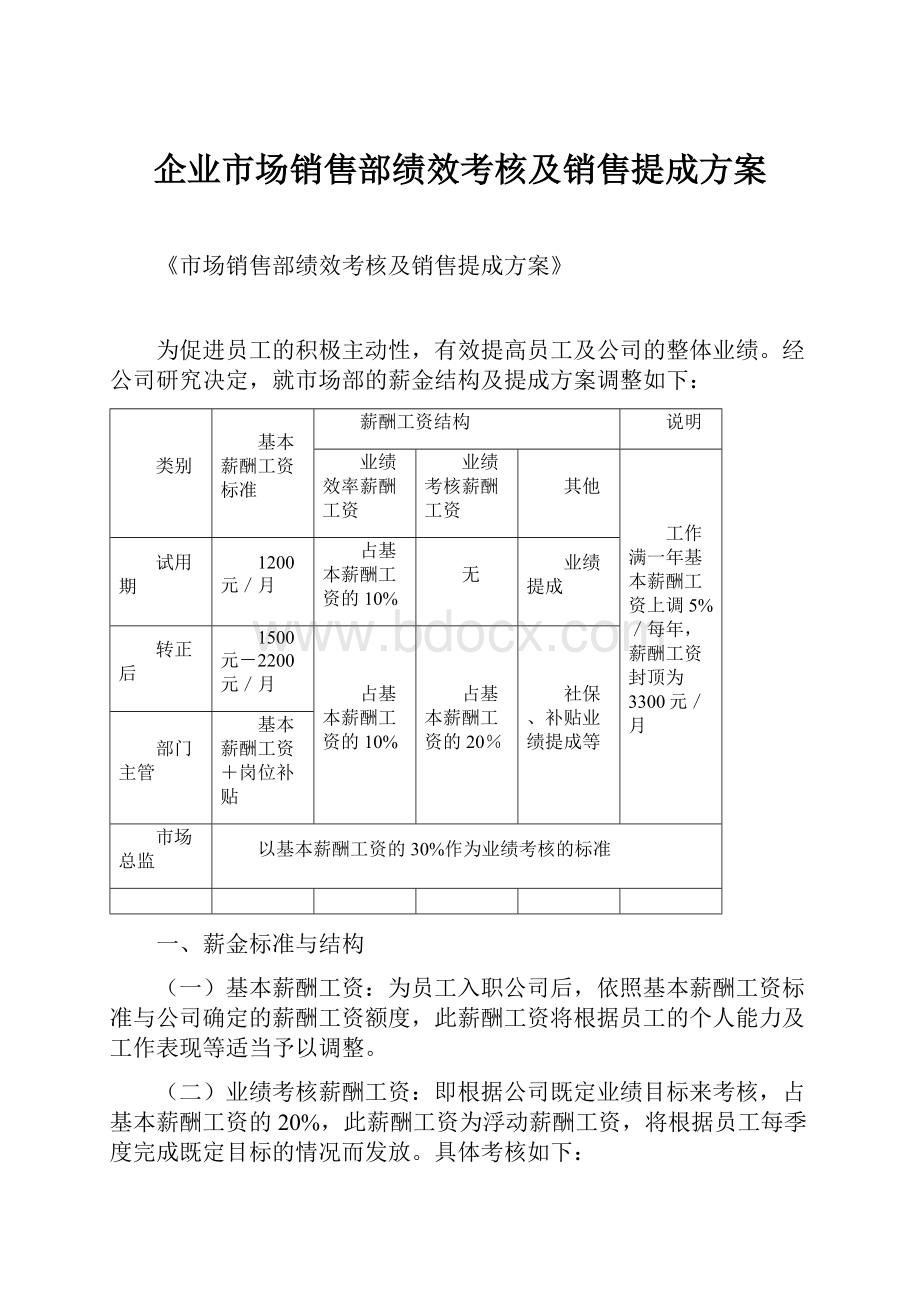 企业市场销售部绩效考核及销售提成方案.docx_第1页