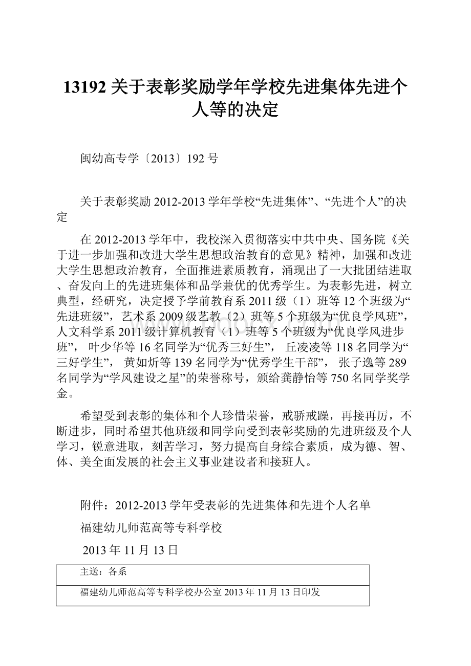 13192 关于表彰奖励学年学校先进集体先进个人等的决定.docx_第1页