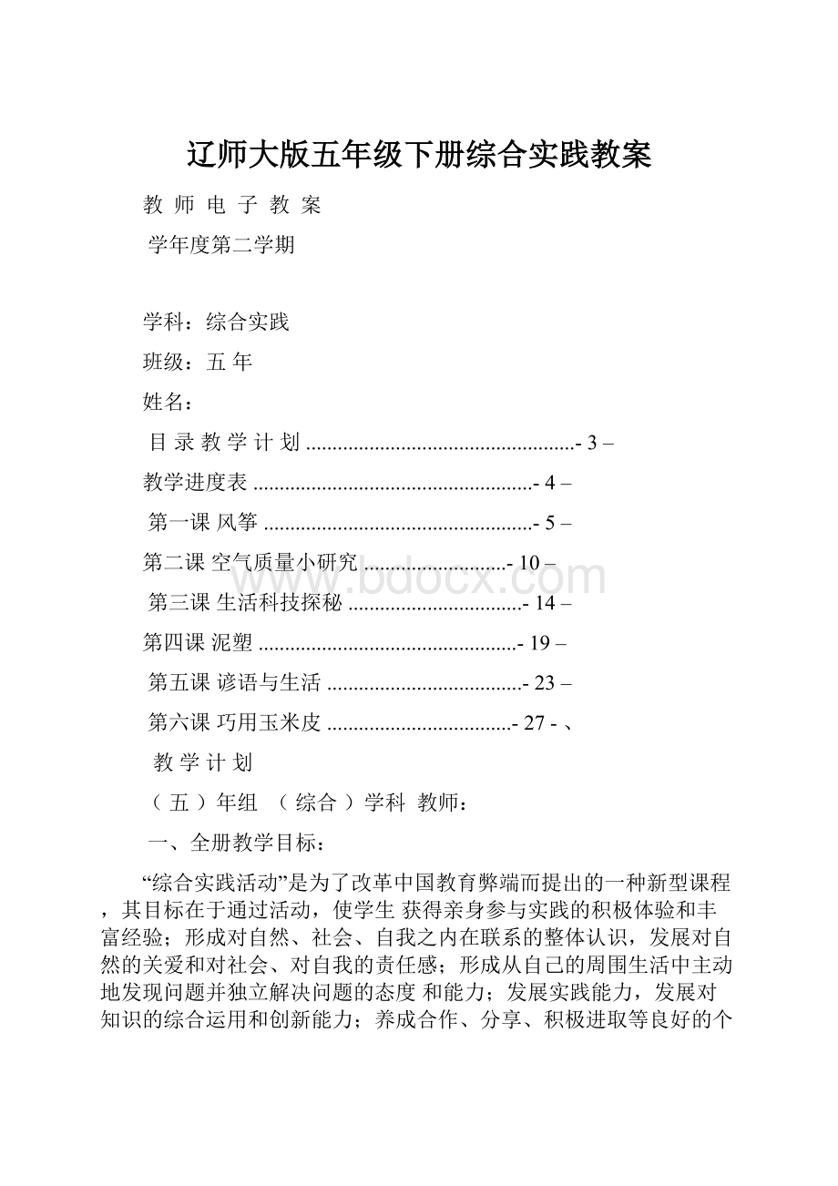 辽师大版五年级下册综合实践教案.docx_第1页