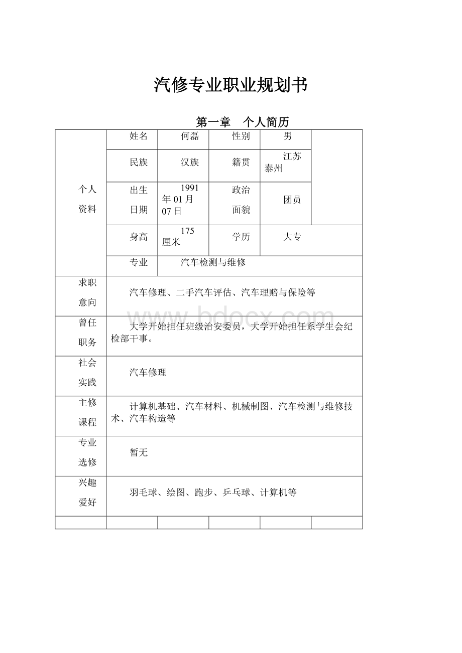 汽修专业职业规划书.docx_第1页