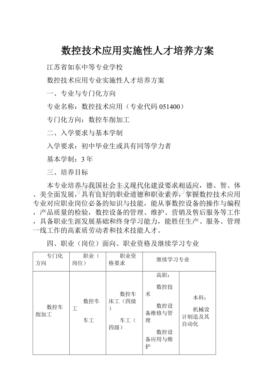 数控技术应用实施性人才培养方案.docx_第1页