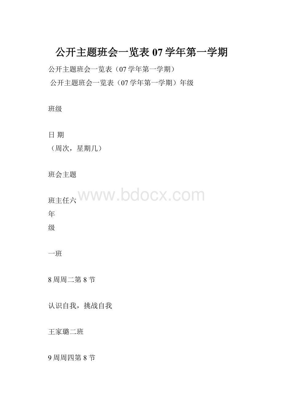 公开主题班会一览表07学年第一学期.docx