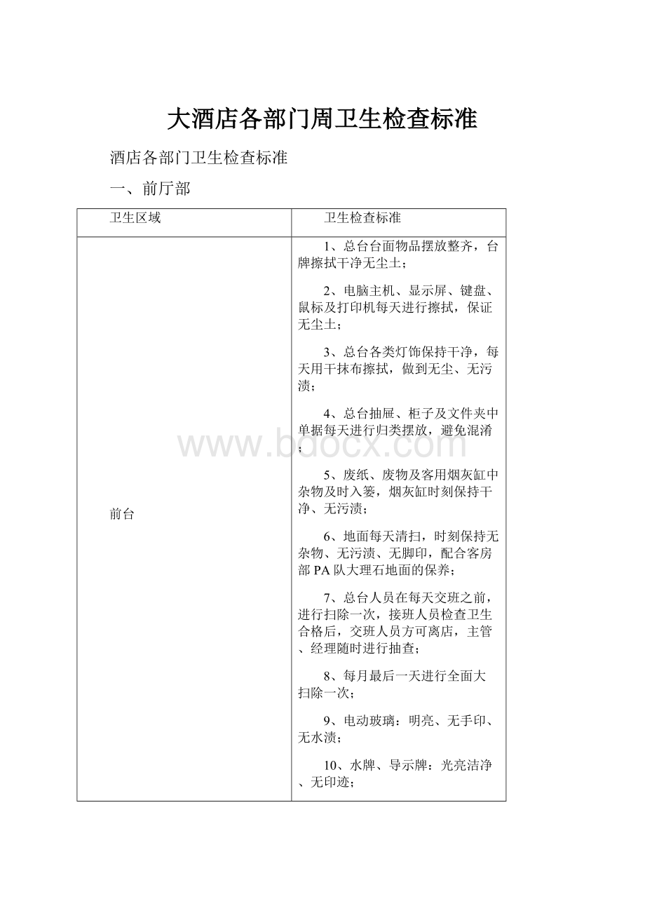 大酒店各部门周卫生检查标准.docx