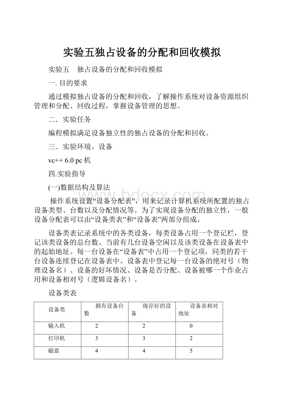 实验五独占设备的分配和回收模拟.docx