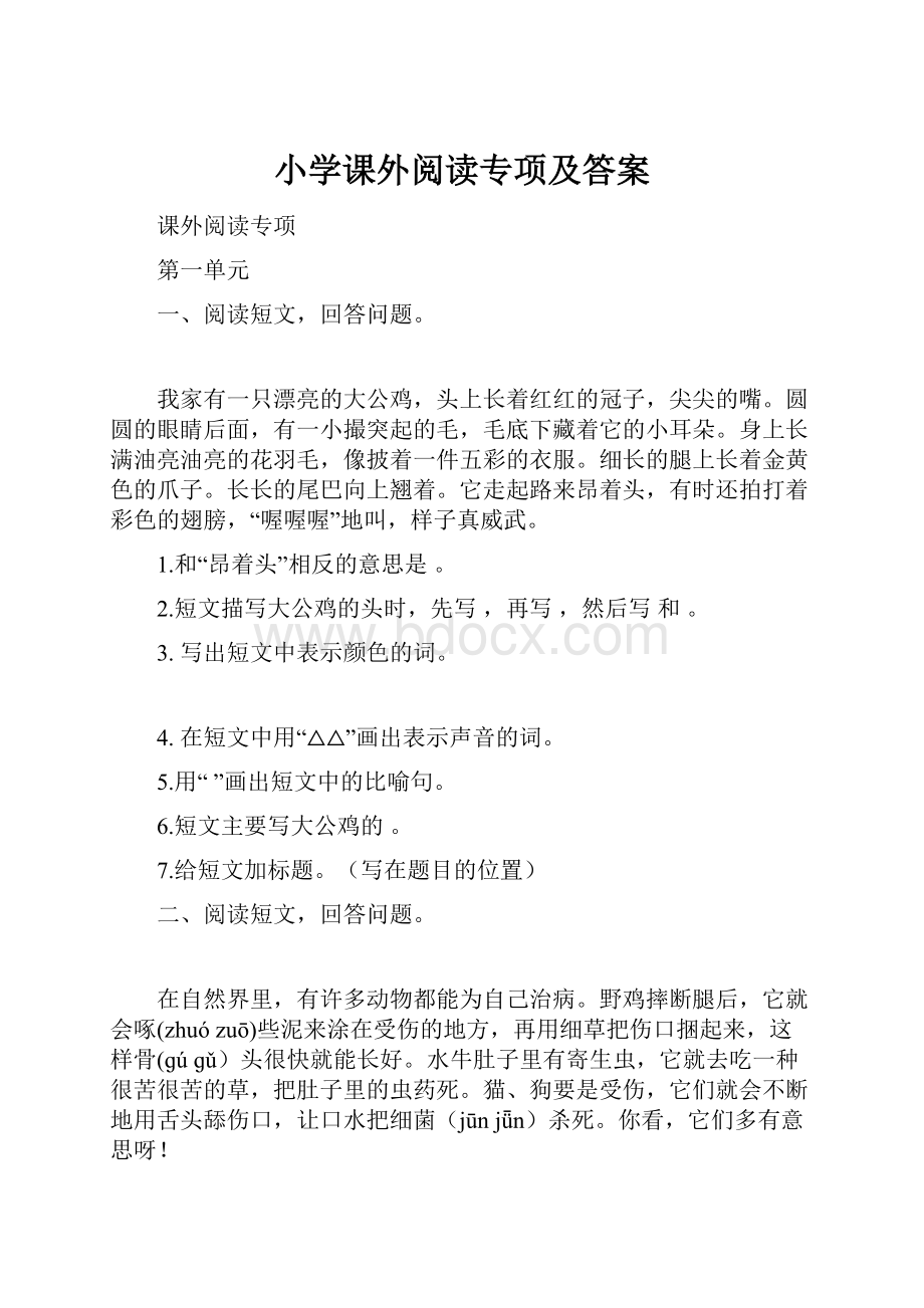 小学课外阅读专项及答案.docx