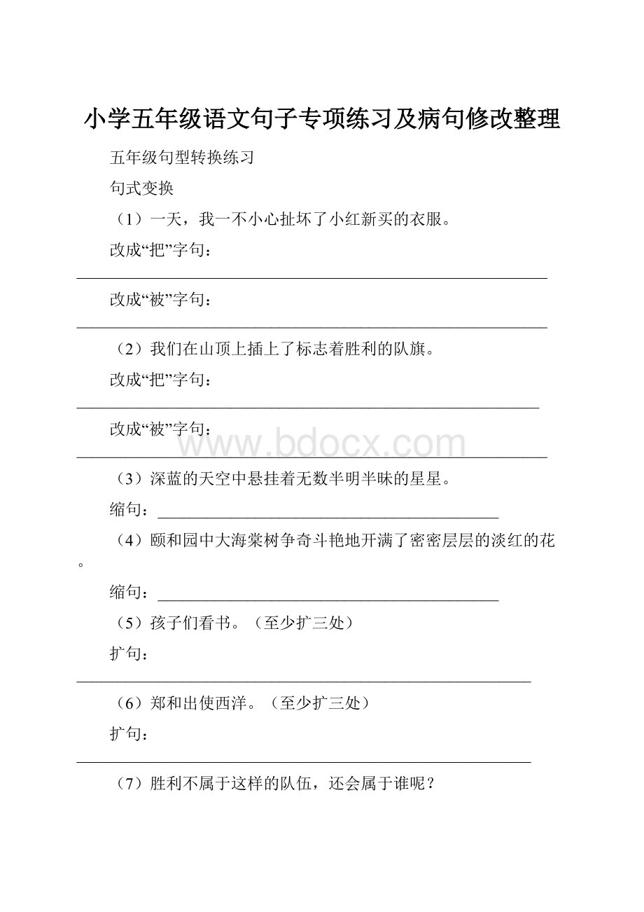 小学五年级语文句子专项练习及病句修改整理.docx