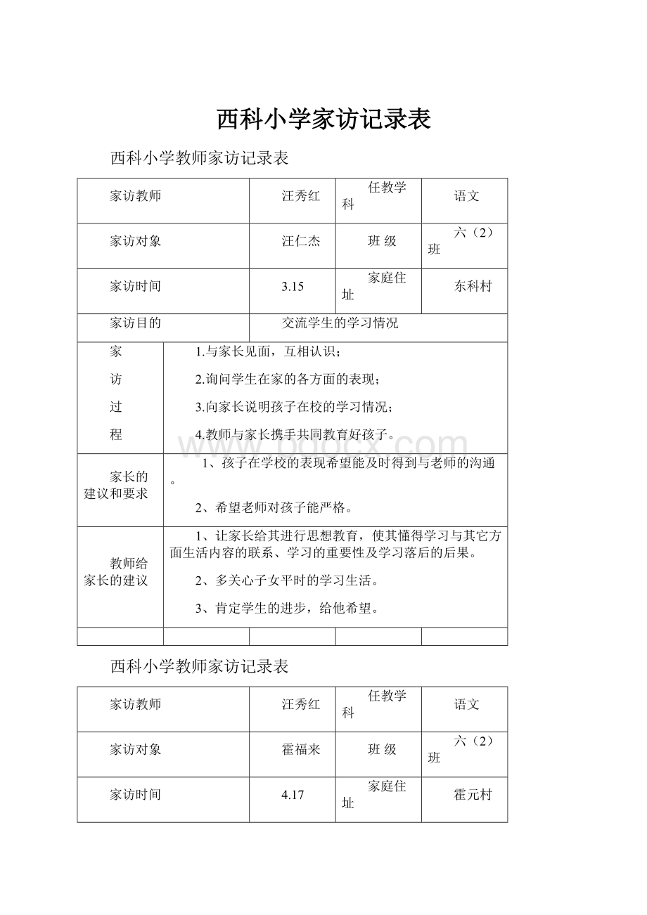 西科小学家访记录表.docx_第1页