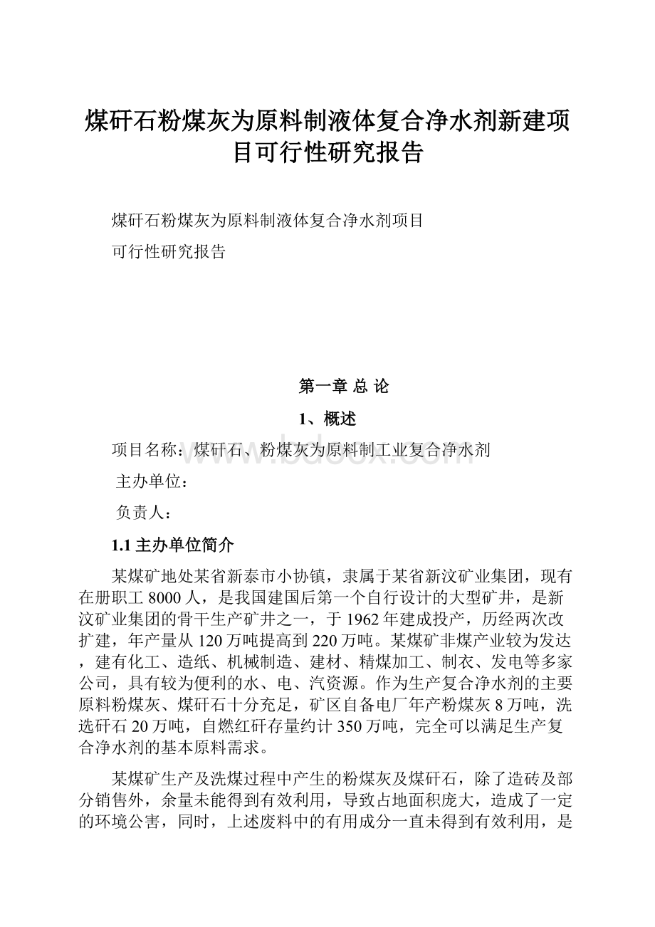 煤矸石粉煤灰为原料制液体复合净水剂新建项目可行性研究报告.docx_第1页