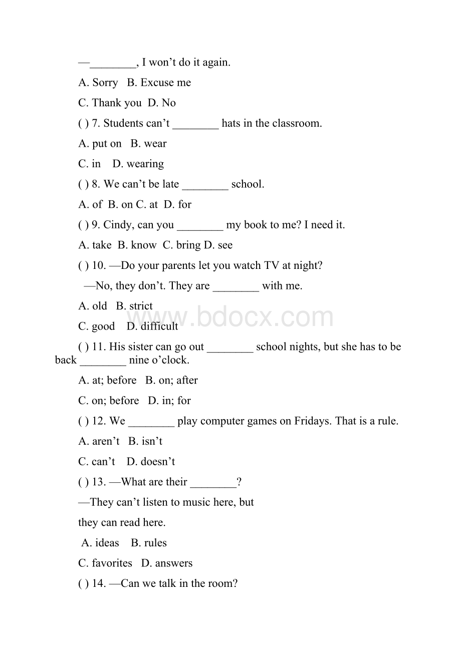 新人教版七年级英语下册Unit 4 Dont eat in class 同步测试题.docx_第3页