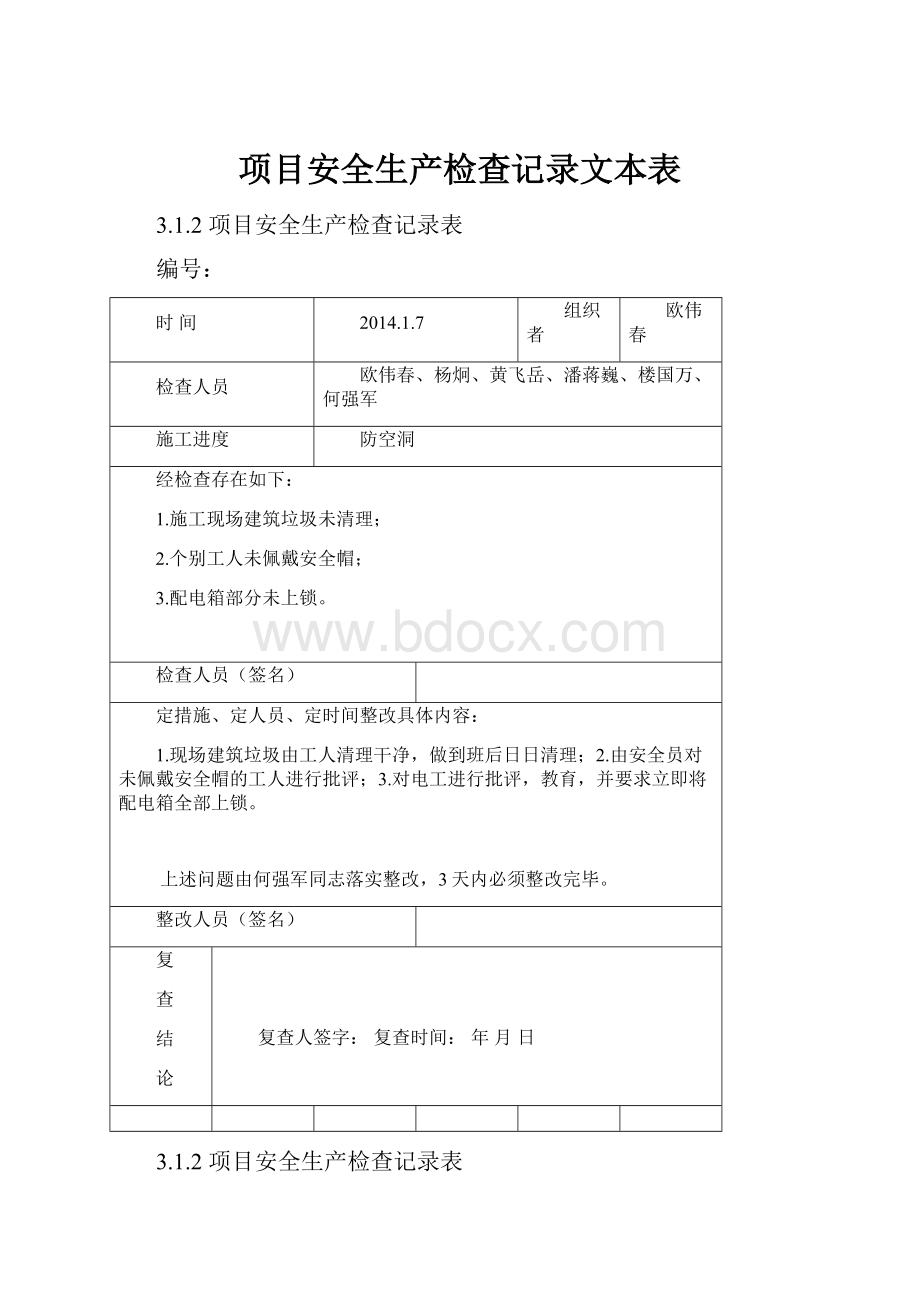 项目安全生产检查记录文本表.docx