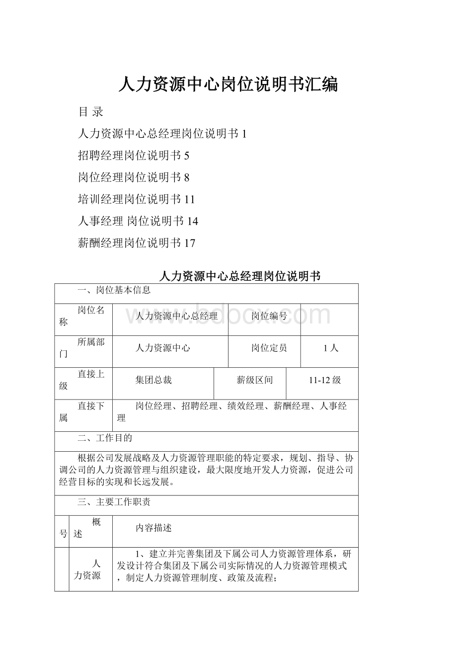 人力资源中心岗位说明书汇编.docx_第1页