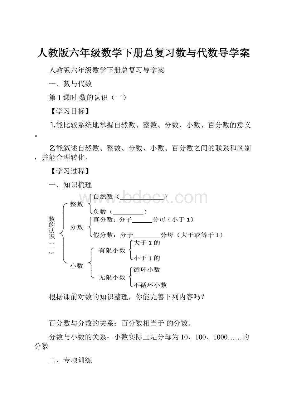 人教版六年级数学下册总复习数与代数导学案.docx